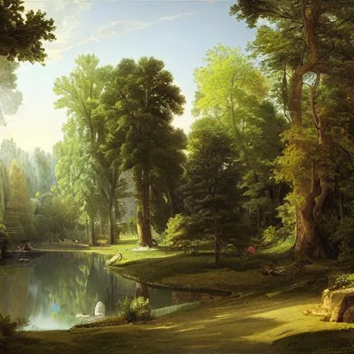 Prompt: a lovely picnic park next to a blue-green pond, in a beautiful park, as painted by asher brown, durand and darek zabrocki, volumetric lighting, god rays, masterpiece, trending on artstation