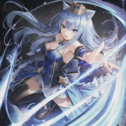 Prompt: young woman, queen, crown, slender, blue hair, cat ears, blue eyes, angry, full body, blue flames