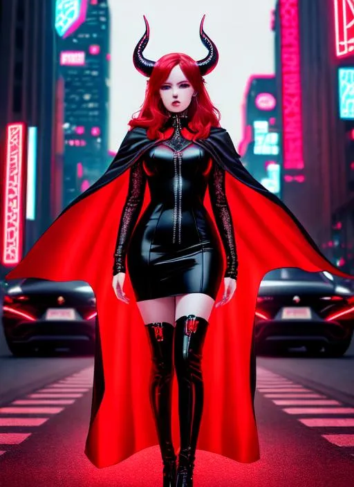 Prompt: Portrait of girl with red hair and with serous face, future neon city, perfect composition, hyperrealistic, super detailed, 8k, high quality, trending art, trending on artstation, sharp focus, studio photo, intricate details, highly detailed (((godess))),full body,demon horns wearing a dark red dress with black dragging cape