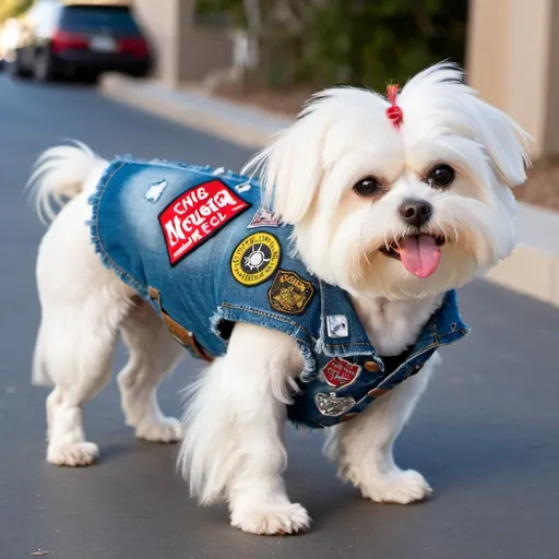 Prompt: Maltese dog wearing a heavy metal music denim vest with patches