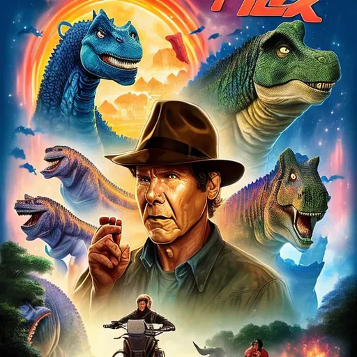 Prompt: Make Movie Poster in the style of Drew Struzan starring Harrison Ford for 'Indiana Jones in the Valley of Dinosaurs', highly detailed