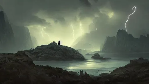 Prompt: fantasy concept art by greg rutkowski, hooded figure in the  foreground looks out over a luminous landscape, phosphorescence, ominous sky, dense lightning, fog, exegol, rock outcroppings,  gestural oil painting style, backlit, cinematographic morning light, artstation hq, 