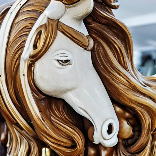 Prompt: graphic image of carousel horse with white hair golden mane