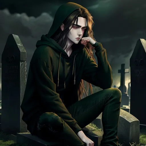 Prompt: Anime illustration of a man with long dark brown hair, soft green eyes, a dazed look, wearing a black hoodie and skinny jeans, sitting in a cemetery, gothic anime style, detailed facial features, realistic anime, moody lighting, dark and eerie atmosphere, detailed hair, somber mood, highres, detailed, anime, gothic, dark tones, atmospheric lighting