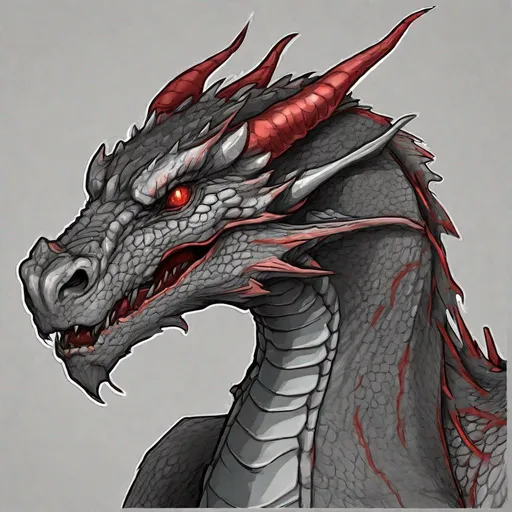 Prompt: Concept design of a dragon. Dragon head portrait. Coloring in the dragon is predominantly dark gray with subtle red streaks and details present.