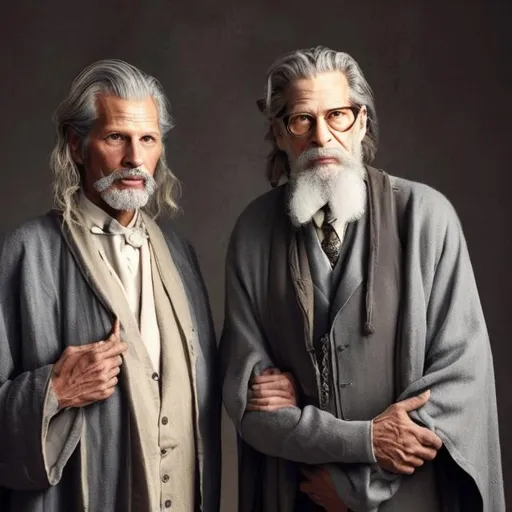 Prompt: Elderly Jeff Goldblum about 80 years old, wearing 1890s american clothing, with long gray hair; standing with an Elderly Jeff Bridges about 80, wearing silver wizard-robes; 
