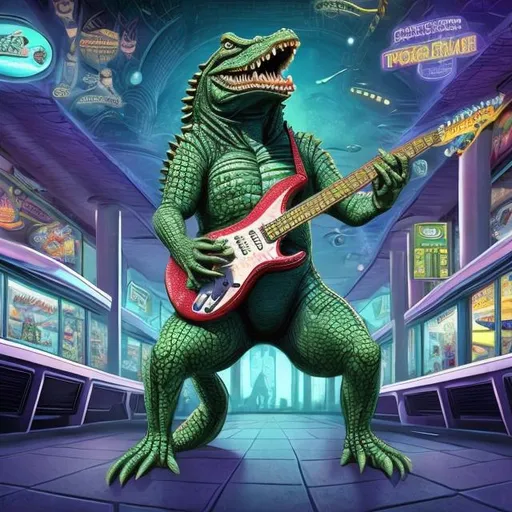 Prompt: Bodybuilding Alligator playing guitar for tips in a busy alien mall, widescreen, infinity vanishing point, galaxy background