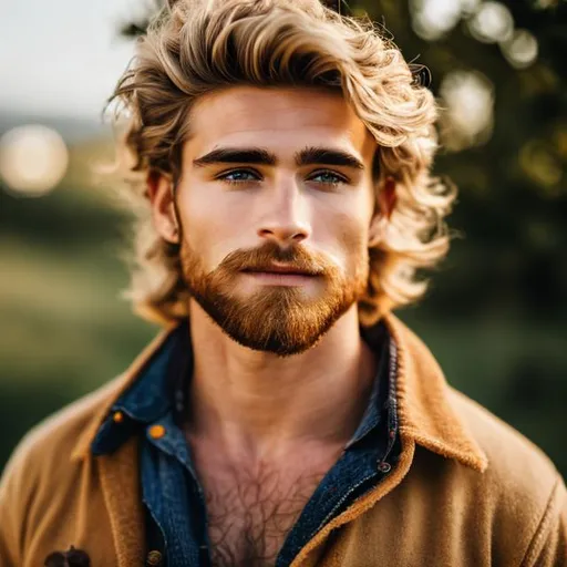 Prompt: Long-shot photo of a ruggedly handsome 20 year old with blonde hair and a hairy chest wearing while holding an apple, short wavy hair, short scruffy beard, very detailed eyes, centered in frame, 85mm lens, f8, photography, intricate details, very detailed eyes, correct perspective, natural light, caslt in background, 