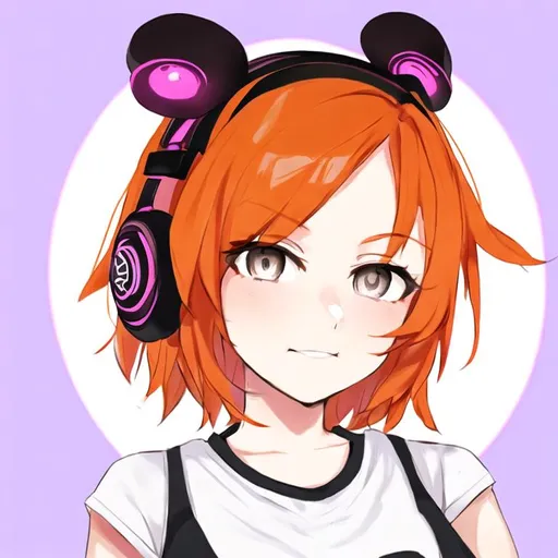 Prompt: Portrait of a cute girl with short orange hair and grey eyes wearing a black and white shirt and black and pink headphones 