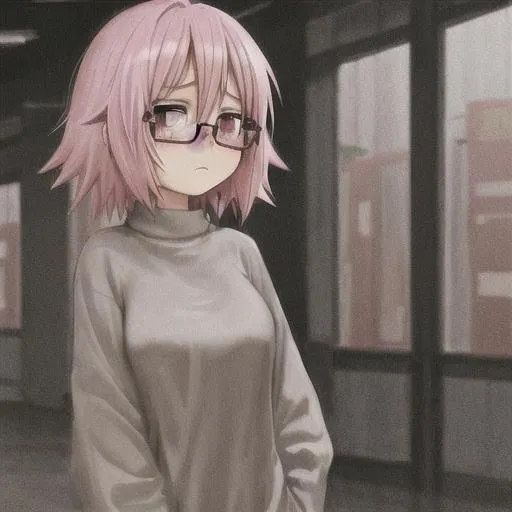 Prompt: pink hair, anxious, anime girl, tears, glasses, oversized sweater