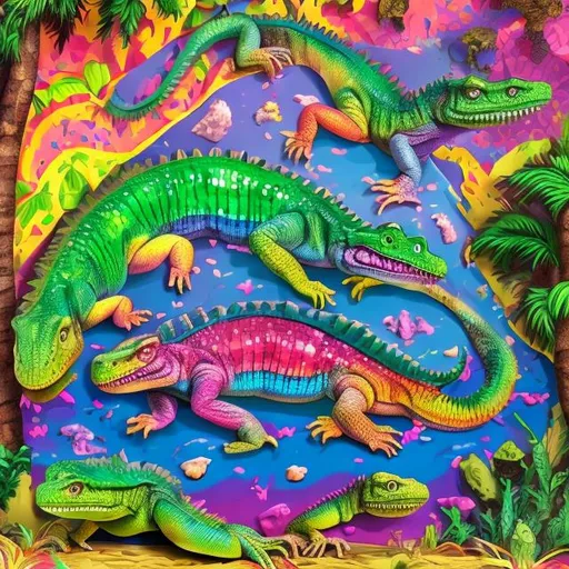 Prompt: Lisa frank style reptiles diorama