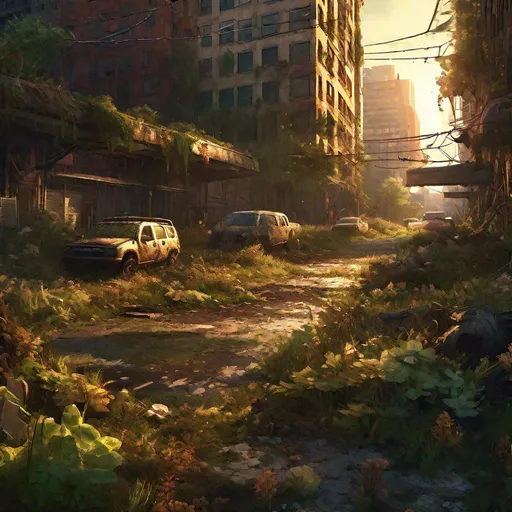 Prompt: post-apocalyptic cityscape, the last of us, mutated fungi spreading like an infection on the land, trending on Artstation, hypermaximalist, highly detailed and intricately designed, digital painting, golden hour, cinematic, perfect composition, aspect ratio 3:2, overgrown, dramatic lighting, reflections