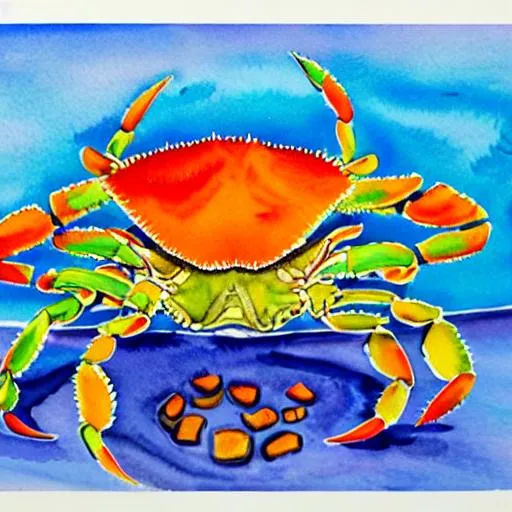 Prompt: A crab, celebrating the summer solstice, watercolour