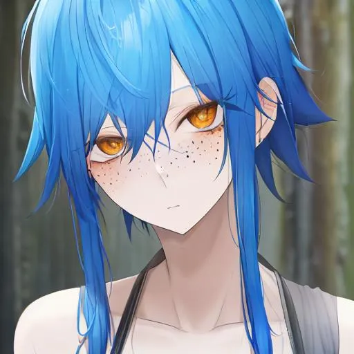 Prompt: Person with blue hair and orange eyes, has a lot of freckles