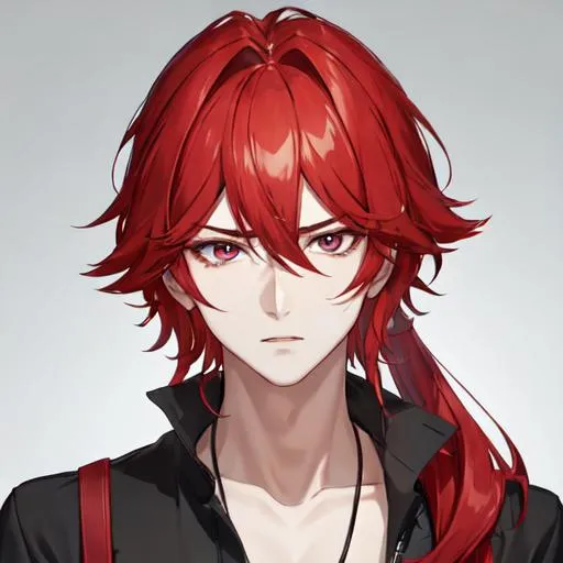 Prompt: Zerif 1male (Red side-swept hair covering his right eye) upset, casual wear, UHD, 8K, highly detailed