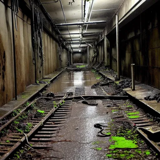 Prompt: creepy world of sewers, underground, dark, mossy, wet, dripping, overgorwn, technical shaft, rats, debris, trash,  wide angle, assymetric composition, post apocalyptic, overgrown,