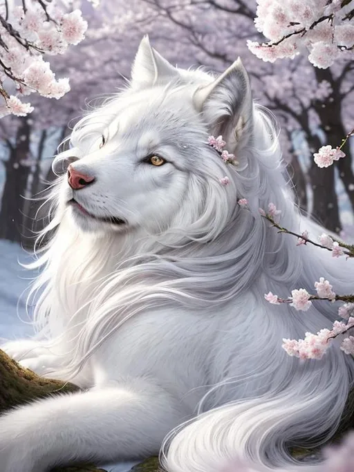 Prompt: highly detailed Portrait of alluring fantasy silvery-white ((wolf)), gorgeous, stunning, billowing voluminous mane, photorealistic quality, in magical environment, furry tail, cherry blossoms, sakura trees, frosted blossoms, frosted fur, highly stylized face and tail, extremely beautiful, intricate detailed, extremely complex art, masterpiece, by Thomas Kinkade, by Ismail Inceoglu, trending on Instagram, artstation, highly detailed eyes, 8k eyes, HARDWARE Photographic Art Direction, WLOP 5, realistic canine body, centered, anime Character Design, Unreal Engine, Beautiful, Tumblr Aesthetic,  Hd Photography, Hyperrealism, Beautiful oil Painting, Realistic, Detailed, Painting By Olga Shvartsur, Anne Stokes, Svetlana Novikova, Fine Art