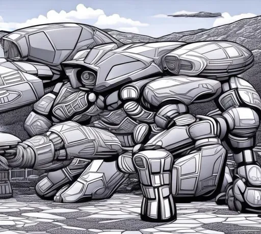 Prompt: Monochromatic Mesmerizing Otomo robot landscape scene, high poly adult coloring page::, octane rendering, UHD, BEAUTIFUL enhanced lines, sharp focus, Extravagant coloring page 