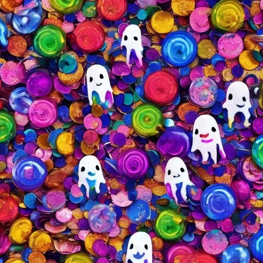 Prompt: Miniature Sequins and ghosts in the style of Lisa frank