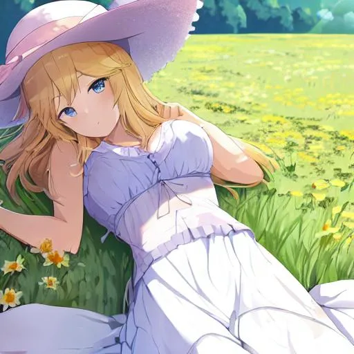 Prompt: Anime girl laying in a field of flowers with a sun hat laying in the field next to them