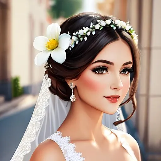 Prompt: young bride with flowers in her hair