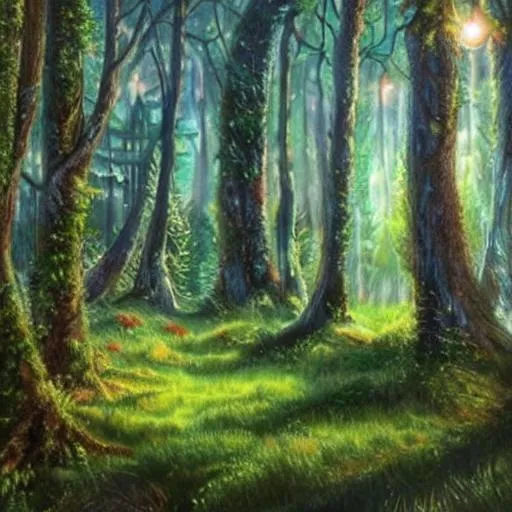 Prompt: hyper realistic enchanted woods landscape painting




