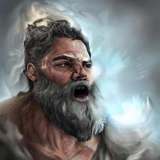 Prompt: Zeus in war, ray, beard, giant, photorealistic, digital art, concept art