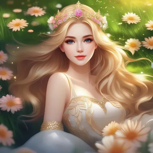 Prompt: and beautiful pretty art 4k full HD flower princess golden blonde hair beautiful pretty gorgeous face layin on grass art and beautiful pretty art