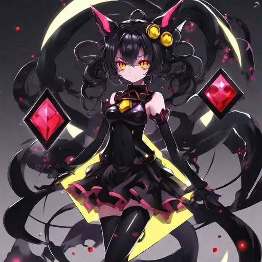 Prompt: Magical Transformation Girl, ebony black costume made of darkness, crimson gems, yellow glowing eyes, twisted black antennae, void and darkness, masterpiece, best quality

by artist "anime", Anime Key Visual, Japanese Manga, Pixiv, Zerochan, Anime art, Fantia