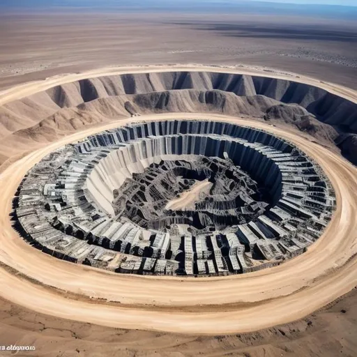 Prompt: open air diamond mine, deep, deep mine, huge, desert, aerial view, military base