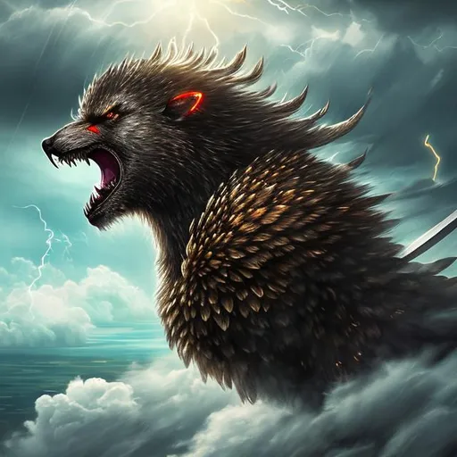 Prompt: photorealistic up CENTERED close UP image of a masculine brown-skinned man wearing a cross on his neck with large electric white  wings gripping THE HILT OF a glistening sword flying in the clouds  during storm in the ocean  fantasy art