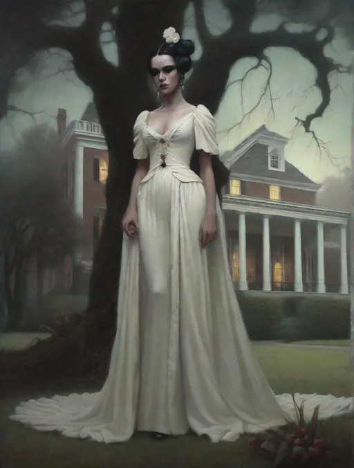 Prompt: Antebellum plantation-style mansion  ARTIST STYLE: Tom Bagshaw, Gerald Brom, Raphael, 