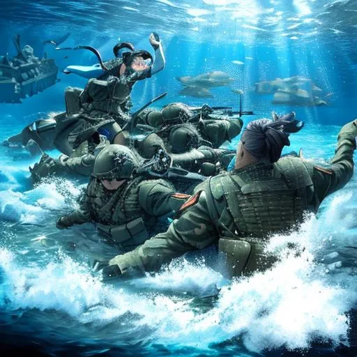 Prompt: Military army fighting Atlantis battle. underwater.