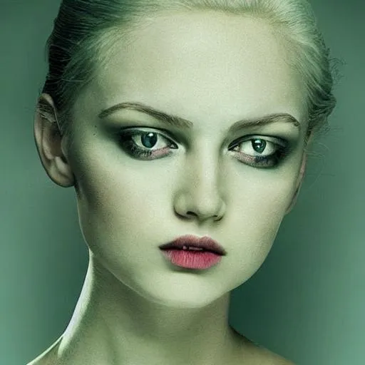 Prompt: Symmetry, beauty, poise, perfection., apprehension, eyes, smile, petite, blond, green, rose lips, high cheek bones, wisdom 