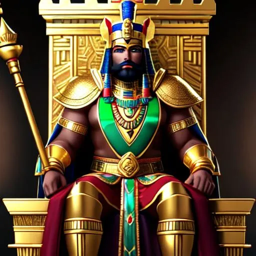 Prompt: A dark skin male Dwarven Pharoah wearing gold and blue and green and red ancient Egyptian/Roman style pharoah's armor sitting on a gold throne in a pyramid. red hair, green eyes, lots of gold jewelry and black egyptian style makeup, red dwarven beard.