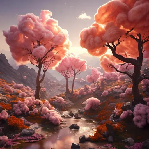 Prompt: {{beautiful cotton candy tree in a mountain}} {highest quality concept art}, orange tones sunset in a spring background,
hiper realists, matte painting,  128k UHD HDR HD, professional long shot photography, unreal engine octane render trending on artstation