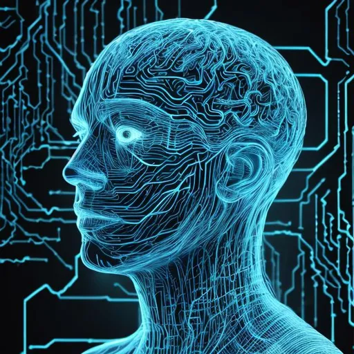 Prompt: Man and AI in Symbiosis: Create a realistic image where a clear human silhouette is seen on one side, contrasting with a detailed representation of an electronic brain or circuit board on the other. Between them, illustrate a luminous data bridge or pathway, symbolizing an active connection and communication. Dominant colors should be electric blue, metallic gray, and black, with luminous elements highlighting the connection. The style should be modern, sleek, but with captivating details.
