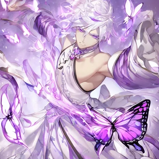 Prompt: a girly boy with white hair and purple eyes with butterflies on his head and butterflies on his shoulder, standing in front of a white background, Artgerm, fantasy art, anime art, a manga drawing