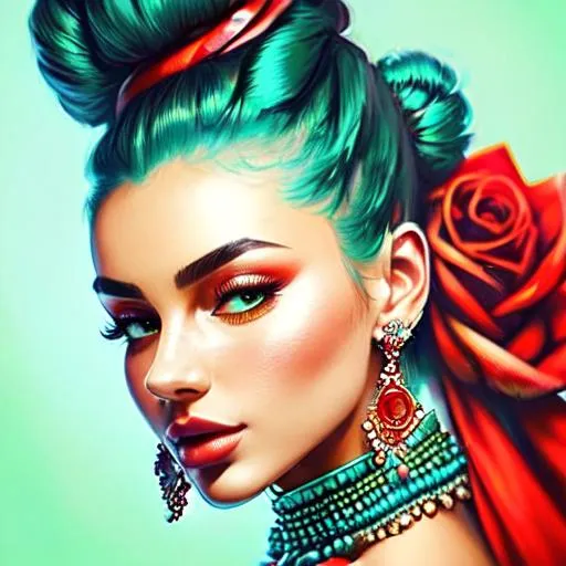 Prompt: An extremely gorgeous woman,  with top knots full of cyan jewels, in color scheme of green and red