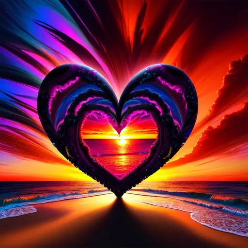 Prompt: Beautiful, Epic, Amazing, dark, 3D, HD, wax, Beautiful {heart-shaped Sunset} Looking off the beach towards the ocean), freeform psychedelic chaos ultra HD, digital painting,  Tropical background, uber detailed, 64k, high quality, sharp focus, studio photo, intricate details, highly detailed --s98500