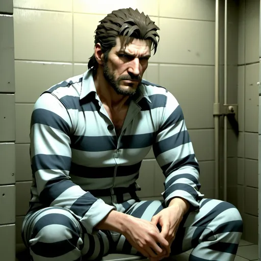 Prompt: Solid Snake wearing thick striped prison jumpsuit with beard sitting in prison cell