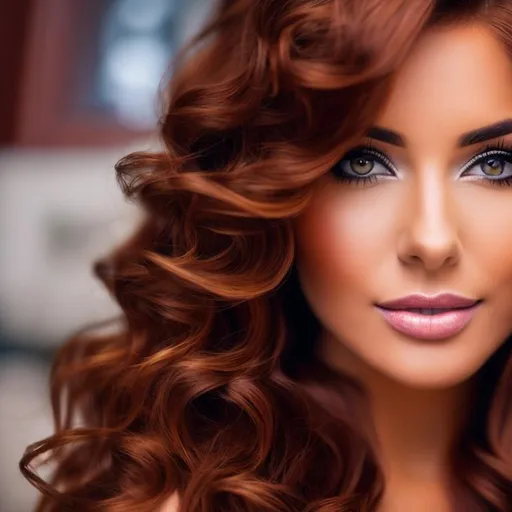 Prompt: An attractive young woman , long auburn curly hair, closeup