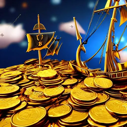 Prompt: pirate ship sailing through a sea of gold coins