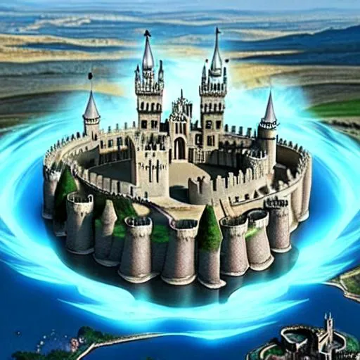 Prompt: Un reino con un castillo en el centro y varios pueblos medievales seccionados en forma de anillos de tamaño medio que flotan en el aire gracias a la magia uno sobre el otro y rodean al castillo.