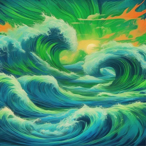 Prompt: Maelstrom, green island paradise, blue angry ocean, fierce deadly waves and wind, masterpiece, best quality
, in psychedelic style