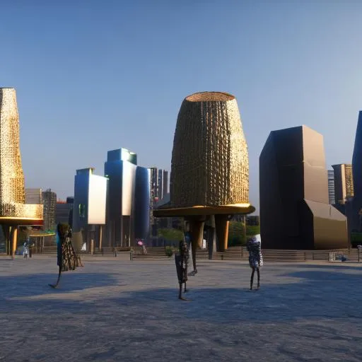 Prompt: Modernised congolese art sculpture incorporated into a modern capital cities square, using rare Congolese minerals, volumetric natural light, ultra realistic, vray, far view, perspective landscape