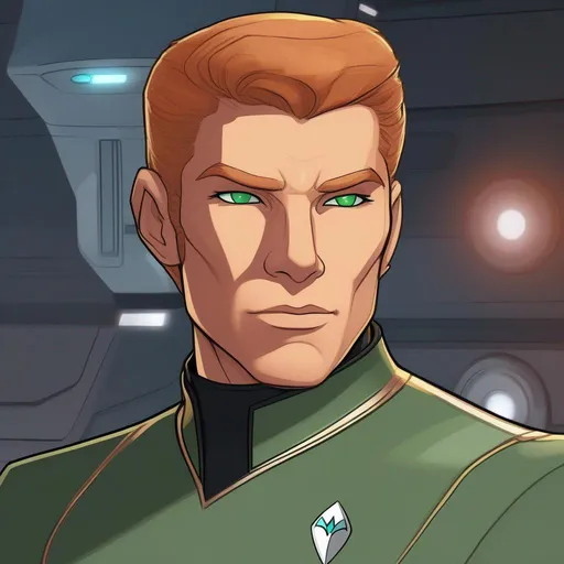 Prompt: An adult tall muscular male alien starship officer of a star trek feline caitian species, anthropomorphic cat, slightly human interspecies halfbreed. He has shot ginger fur and a pale skin. He wears a unoted federation uniform and has green emerald eyes. Detailed, well drawn face, Smooth skin. rpg art. Star trek art. 2d art. 2d