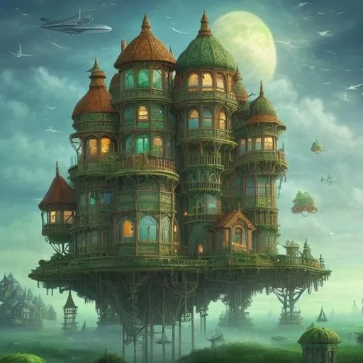 Prompt: fantasy art style, floating house, large house, green house, green windows, green lights, house on stilts, floating house, plane, planes, blimp, zepelín, aircraft, house in the clouds, house in the sky, wings, house with wings, green 