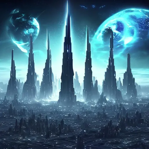 Prompt: Futuristic Tall black towers on deep dark ocean dark sky spaceships night lights hover ships dark tall city lots and lots of small floating ships hovering above clouds big planet with rings closeby spaceships hovering super tall mega skyscraper
