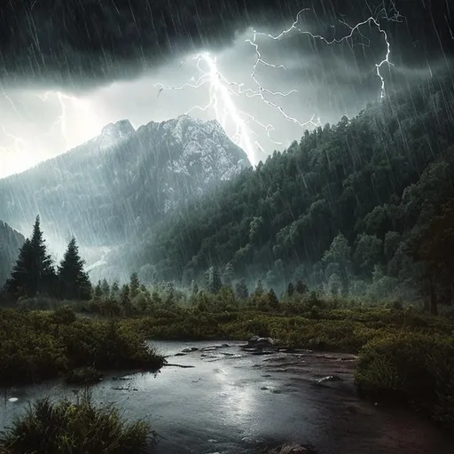 Prompt: landscape, rainy day, forest, mountains, realistic, detailed, lightning
